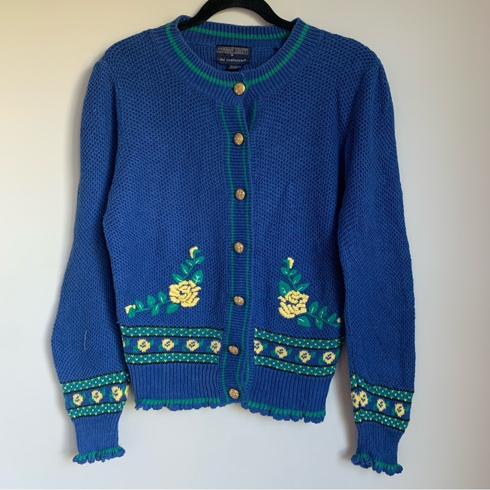 Vintage Herman Geist Blue Floral Knit Cardigan Sweater